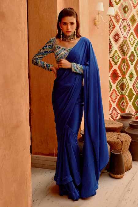 Pallavi Jaipur Blue Silk Blend Embroidered Pre-draped Saree With Princess Blouse 