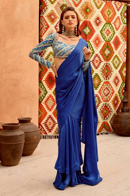 Buy_Pallavi Jaipur_Blue , Satin Embroidery Pre-draped Saree With Princess Blouse _Online_at_Aza_Fashions