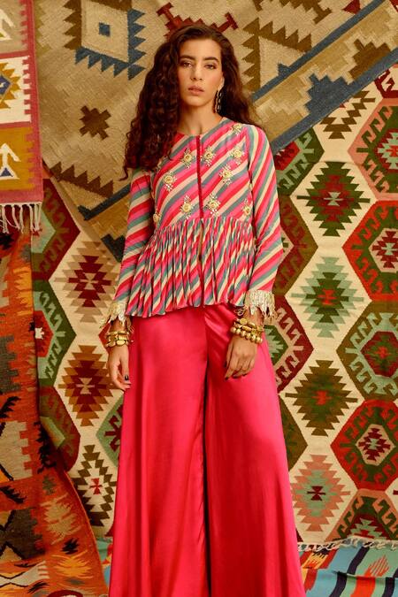 Pallavi Jaipur Pink Silk Beads, Gota Patti, Indi-leheriya Short Tunic And Flared Pant Set Online at Aza Fashions Pallavi Jaipur_Pink Silk Beads, Gota Patti, Indi-leheriya Short Tunic And Flared Pant Set _Online_at_Aza_Fashions