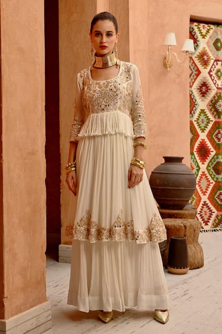 Shop Pallavi Jaipur Ivory Chiffon, Lycra, Crepe, Cotton Floral Embroidered Tiered Anarkali Set at Aza Fashions Shop_Pallavi Jaipur_Ivory Chiffon, Lycra, Crepe, Cotton Floral Embroidered Tiered Anarkali Set _at_Aza_Fashions