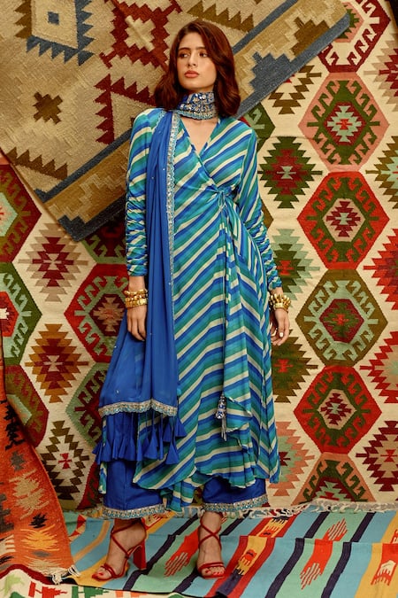 Pallavi Jaipur Blue Angarkha-wrinkle Crepe Embroidered Aari Indi-leheriya Wrap Angarkha Set 