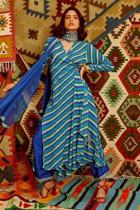 Shop_Pallavi Jaipur_Blue Chanderi, Crepe, Silk Embroidery, Gota Indi-leheriya Wrap Angarkha Set _at_Aza_Fashions