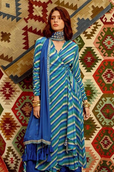 Pallavi Jaipur_Blue Chanderi, Crepe, Silk Embroidery, Gota Indi-leheriya Wrap Angarkha Set _Online_at_Aza_Fashions