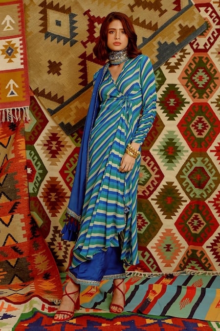 Buy_Pallavi Jaipur_Blue Chanderi, Crepe, Silk Embroidery, Gota Indi-leheriya Wrap Angarkha Set _Online_at_Aza_Fashions
