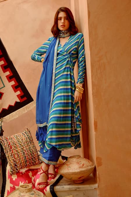 Shop_Pallavi Jaipur_Blue Chanderi, Crepe, Silk Embroidery, Gota Indi-leheriya Wrap Angarkha Set _Online_at_Aza_Fashions