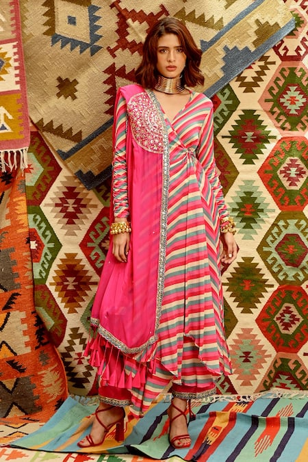 Pallavi Jaipur Pink Angarkha-wrinkle Crepe Embroidered Indi-leheriya Wrap Angarkha Pant Set