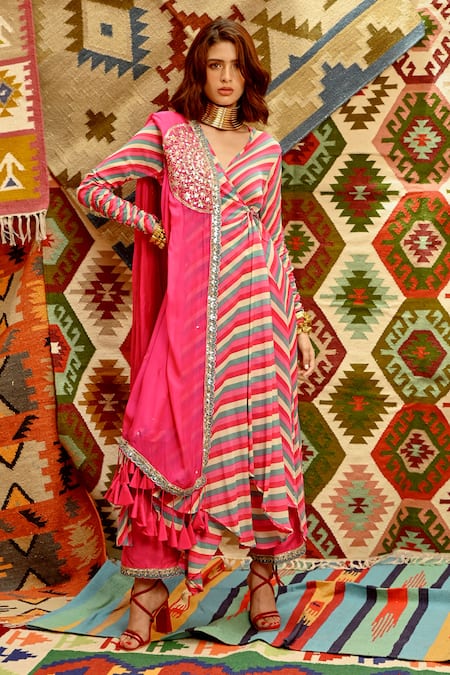 Shop Pallavi Jaipur Pink Chanderi, Crepe, Silk Embroidery, Gota Indi-leheriya Wrap Angarkha Pant Set at Aza Fashions Shop_Pallavi Jaipur_Pink Chanderi, Crepe, Silk Embroidery, Gota Indi-leheriya Wrap Angarkha Pant Set _at_Aza_Fashions