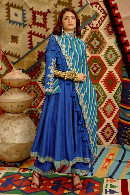 Pallavi Jaipur Blue Kurta And Pant- Tussar Embroidered Resham Slit Sleeve Anarkali Set 