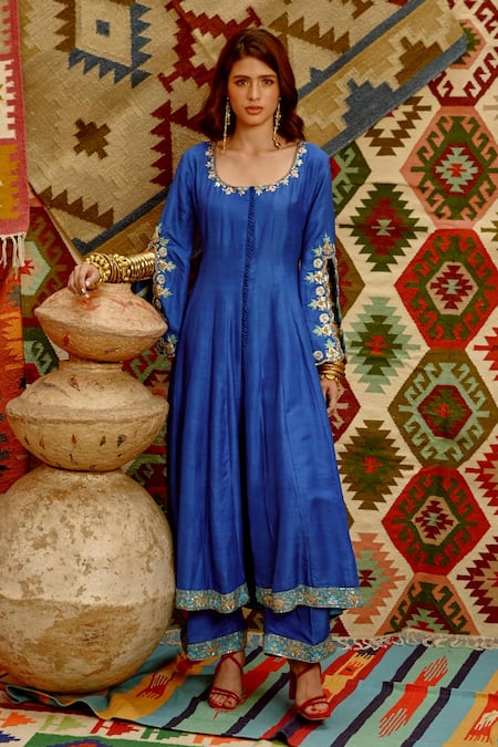 Pallavi Jaipur Blue Tussar, Crepe, Cotton Tassels, Gota Patti Slit Sleeve Anarkali Pant Set Online at Aza Fashions Pallavi Jaipur_Blue Tussar, Crepe, Cotton Tassels, Gota Patti Slit Sleeve Anarkali Pant Set _Online_at_Aza_Fashions