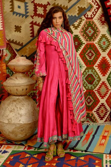 Pallavi Jaipur Pink Tussar, Crepe, Cotton Tassels Scoop Anarkali Set With Indi-leheriya Dupatta Online at Aza Fashions Pallavi Jaipur_Pink Tussar, Crepe, Cotton Tassels Scoop Anarkali Set With Indi-leheriya Dupatta _Online_at_Aza_Fashions