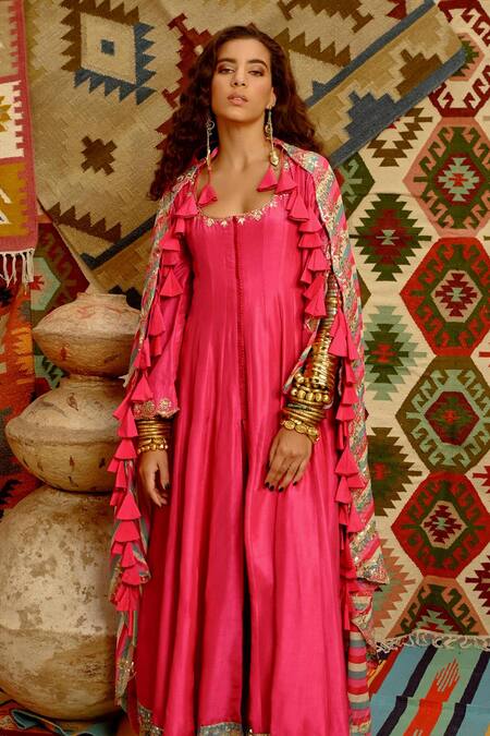 Buy Pallavi Jaipur Pink Tussar, Crepe, Cotton Tassels Scoop Anarkali Set With Indi-leheriya Dupatta Online at Aza Fashions Buy_Pallavi Jaipur_Pink Tussar, Crepe, Cotton Tassels Scoop Anarkali Set With Indi-leheriya Dupatta _Online_at_Aza_Fashions