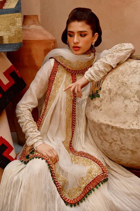 Pallavi Jaipur Beige Tussar, Chanderi, Organza Embroidery Scoop Neck Crushed Anarkali Pant Set Online at Aza Fashions Pallavi Jaipur_Beige Tussar, Chanderi, Organza Embroidery Scoop Neck Crushed Anarkali Pant Set _Online_at_Aza_Fashions