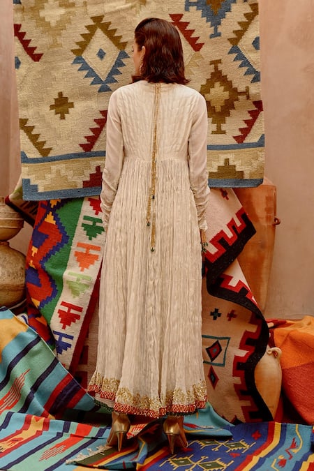 Shop Pallavi Jaipur Beige Tussar, Chanderi, Organza Embroidery Scoop Neck Crushed Anarkali Pant Set at Aza Fashions Shop_Pallavi Jaipur_Beige Tussar, Chanderi, Organza Embroidery Scoop Neck Crushed Anarkali Pant Set _at_Aza_Fashions