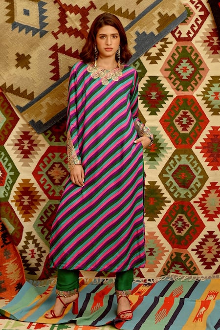 Shop Pallavi Jaipur Multi Color Silk, Chanderi, Kota Doria Indi-leheriya Straight Kurta Pant Set at Aza Fashions Shop_Pallavi Jaipur_Multi Color Silk, Chanderi, Kota Doria Indi-leheriya Straight Kurta Pant Set _at_Aza_Fashions