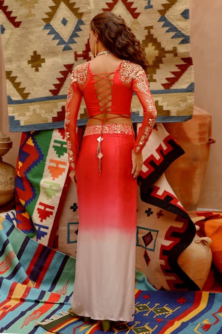 Pallavi Jaipur Red Cotton Satin, Lycra Diamonds, Embroidery Draped Skirt And Corset Blouse Set Online at Aza Fashions Pallavi Jaipur_Red Cotton Satin, Lycra Diamonds, Embroidery Draped Skirt And Corset Blouse Set _Online_at_Aza_Fashions