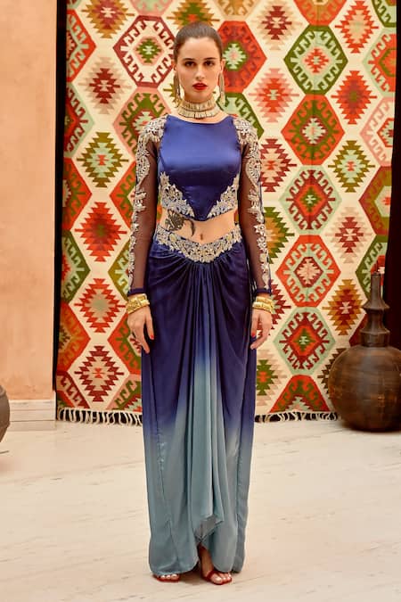 Buy Pallavi Jaipur Blue Cotton Satin, Lycra Embroidery, Gota Patti Corset And Ombre Draped Skirt Set Online at Aza Fashions Buy_Pallavi Jaipur_Blue Cotton Satin, Lycra Embroidery, Gota Patti Corset And Ombre Draped Skirt Set _Online_at_Aza_Fashions