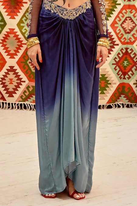 Shop Pallavi Jaipur Blue Cotton Satin, Lycra Embroidery, Gota Patti Corset And Ombre Draped Skirt Set Online at Aza Fashions Shop_Pallavi Jaipur_Blue Cotton Satin, Lycra Embroidery, Gota Patti Corset And Ombre Draped Skirt Set _Online_at_Aza_Fashions