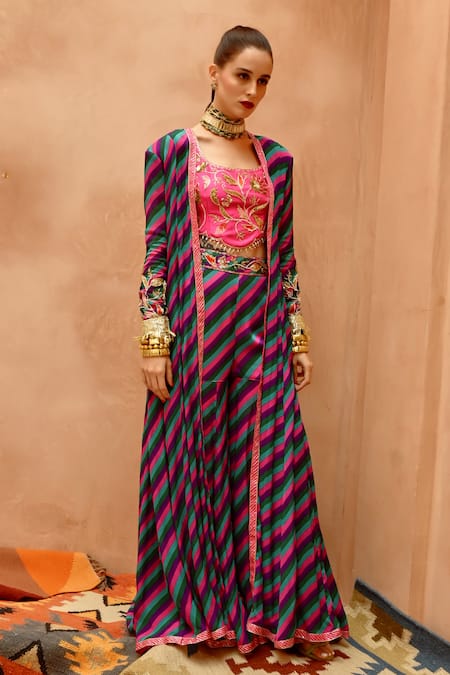 Buy Pallavi Jaipur Multi Color Crepe, Tussar Embroidery, Leheriya Kalidar Jacket Sharara Set Online at Aza Fashions Buy_Pallavi Jaipur_Multi Color Crepe, Tussar Embroidery, Leheriya Kalidar Jacket Sharara Set _Online_at_Aza_Fashions