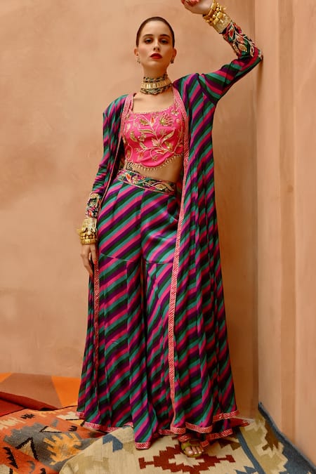 Pallavi Jaipur Multi Color Crepe, Tussar Embroidery, Leheriya Kalidar Jacket Sharara Set Online at Aza Fashions Pallavi Jaipur_Multi Color Crepe, Tussar Embroidery, Leheriya Kalidar Jacket Sharara Set _Online_at_Aza_Fashions