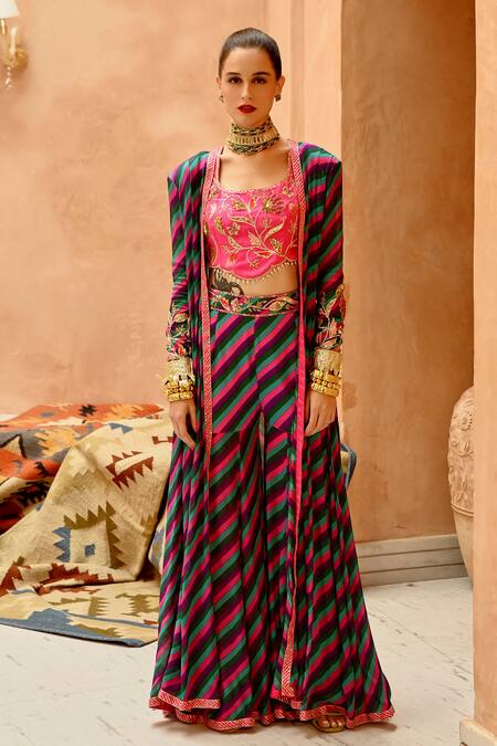 Shop Pallavi Jaipur Multi Color Crepe, Tussar Embroidery, Leheriya Kalidar Jacket Sharara Set Online at Aza Fashions Shop_Pallavi Jaipur_Multi Color Crepe, Tussar Embroidery, Leheriya Kalidar Jacket Sharara Set _Online_at_Aza_Fashions