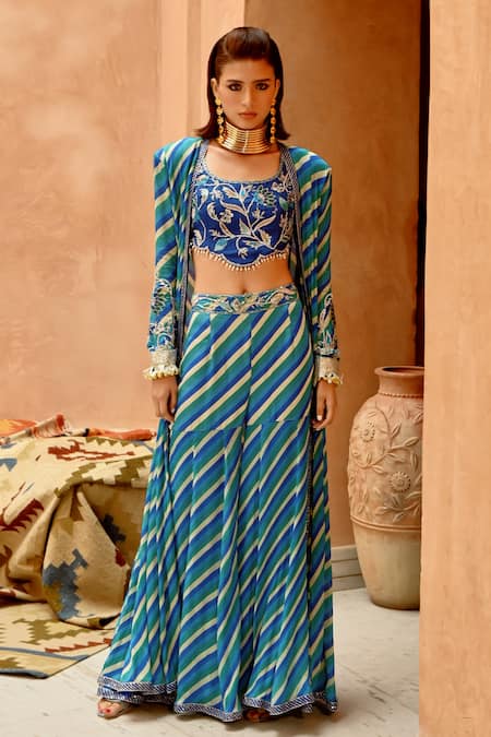 Pallavi Jaipur_Blue Crepe, Tussar, Satin, Cotton Embroidery, Pearls, Long Jacket Sharara Set _Online_at_Aza_Fashions