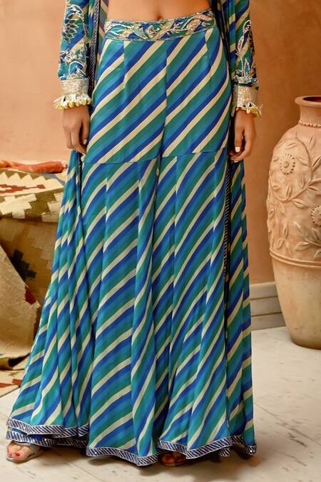 Buy_Pallavi Jaipur_Blue Crepe, Tussar, Satin, Cotton Embroidery, Pearls, Long Jacket Sharara Set _Online_at_Aza_Fashions