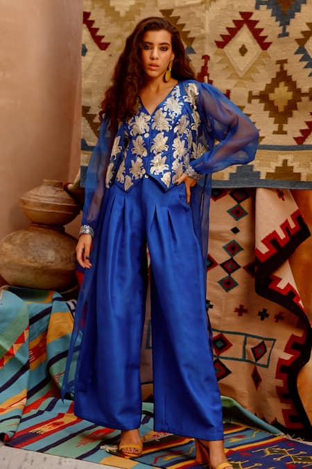 Pallavi Jaipur Blue Pant And Crop Top Tussar Silk Waistcoat Organza Jacket Set  