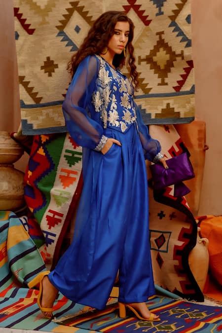 Shop Pallavi Jaipur Blue Organza, Silk, Tussar Embroidery V-neck Waistcoat Jacket Set at Aza Fashions Shop_Pallavi Jaipur_Blue Organza, Silk, Tussar Embroidery V-neck Waistcoat Jacket Set _at_Aza_Fashions