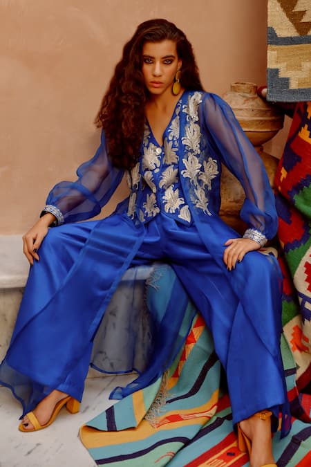 Pallavi Jaipur Blue Organza, Silk, Tussar Embroidery V-neck Waistcoat Jacket Set at Aza Fashions Pallavi Jaipur_Blue Organza, Silk, Tussar Embroidery V-neck Waistcoat Jacket Set _at_Aza_Fashions