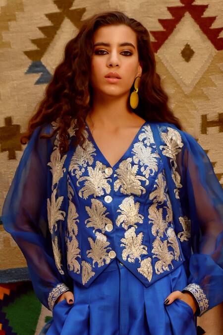 Buy Pallavi Jaipur Blue Silk, Tussar Embroidery V-neck Waistcoat And Pant Set Online at Aza Fashions Buy_Pallavi Jaipur_Blue Silk, Tussar Embroidery V-neck Waistcoat And Pant Set _Online_at_Aza_Fashions