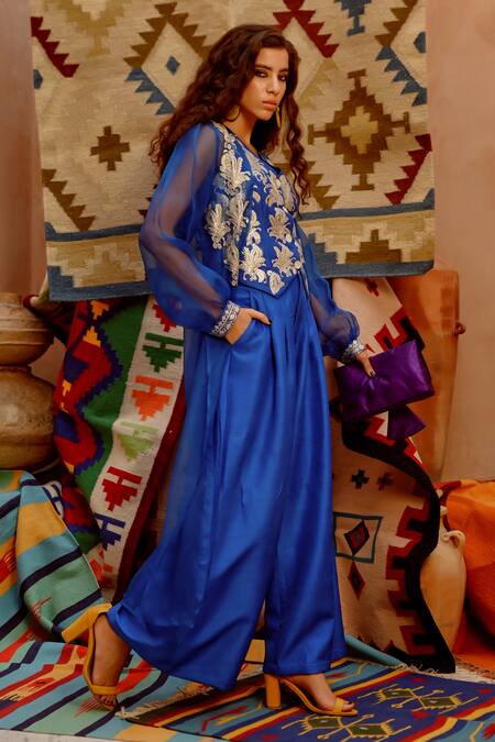 Shop Pallavi Jaipur Blue Silk, Tussar Embroidery V-neck Waistcoat And Pant Set Online at Aza Fashions Shop_Pallavi Jaipur_Blue Silk, Tussar Embroidery V-neck Waistcoat And Pant Set _Online_at_Aza_Fashions