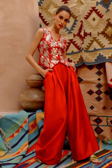 Shop_Pallavi Jaipur_Red Tussar Embroidery V-neck Floral Waistcoat And Pant Set _Online_at_Aza_Fashions