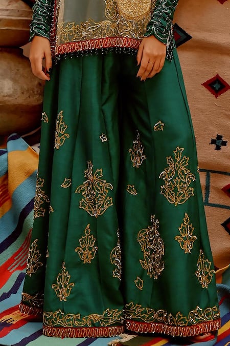 Pallavi Jaipur Green Tussar, Silk Embroidery Round Neck Organza Sac Tie-up Cape Sharara Set Online at Aza Fashions Pallavi Jaipur_Green Tussar, Silk Embroidery Round Neck Organza Sac Tie-up Cape Sharara Set _Online_at_Aza_Fashions