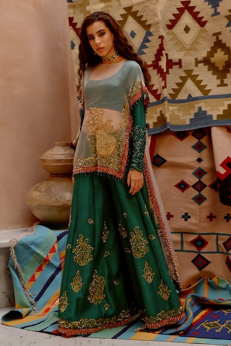 Shop Pallavi Jaipur Green Tussar, Silk Embroidery Round Neck Organza Sac Tie-up Cape Sharara Set at Aza Fashions Shop_Pallavi Jaipur_Green Tussar, Silk Embroidery Round Neck Organza Sac Tie-up Cape Sharara Set _at_Aza_Fashions