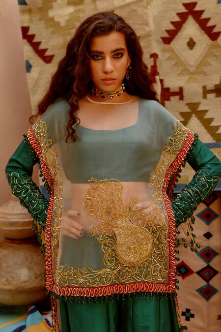 Shop Pallavi Jaipur Green Tussar, Silk Embroidery Round Neck Organza Sac Tie-up Cape Sharara Set Online at Aza Fashions Shop_Pallavi Jaipur_Green Tussar, Silk Embroidery Round Neck Organza Sac Tie-up Cape Sharara Set _Online_at_Aza_Fashions