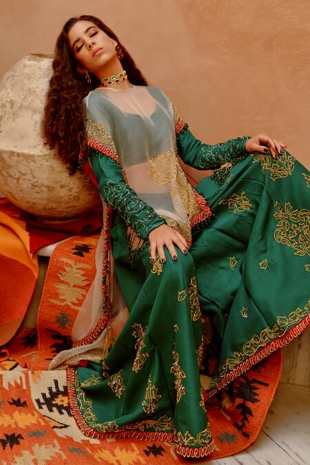Pallavi Jaipur Green Tussar, Silk Embroidery Round Neck Organza Sac Tie-up Cape Sharara Set at Aza Fashions Pallavi Jaipur_Green Tussar, Silk Embroidery Round Neck Organza Sac Tie-up Cape Sharara Set _at_Aza_Fashions