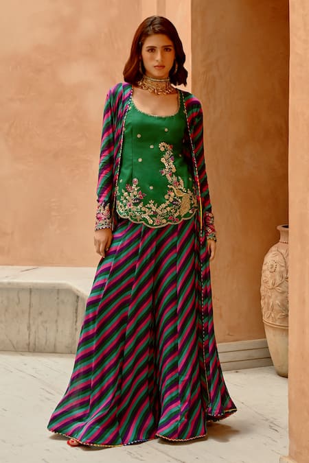 Pallavi Jaipur Multi Color Tussar, Crepe Embroidery, Leheriya Kalidar Jacket Sharara Set Online at Aza Fashions Pallavi Jaipur_Multi Color Tussar, Crepe Embroidery, Leheriya Kalidar Jacket Sharara Set _Online_at_Aza_Fashions