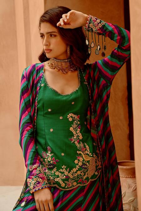 Pallavi Jaipur Multi Color Tussar, Crepe Embroidery, Leheriya Kalidar Jacket Sharara Set at Aza Fashions Pallavi Jaipur_Multi Color Tussar, Crepe Embroidery, Leheriya Kalidar Jacket Sharara Set _at_Aza_Fashions