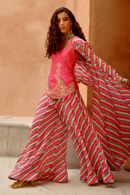 Buy Pallavi Jaipur Pink Crepe, Tussar Embroidery, Sequins Open Floral Leheriya Jacket Sharara Set Online at Aza Fashions Buy_Pallavi Jaipur_Pink Crepe, Tussar Embroidery, Sequins Open Floral Leheriya Jacket Sharara Set _Online_at_Aza_Fashions