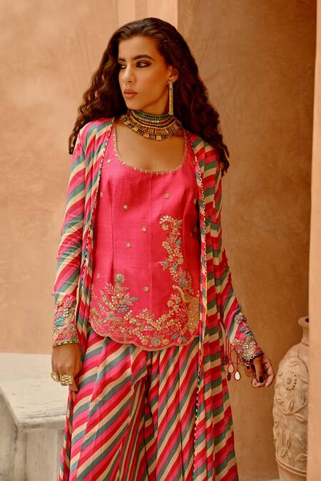 Shop Pallavi Jaipur Pink Crepe, Tussar Embroidery, Sequins Open Floral Leheriya Jacket Sharara Set Online at Aza Fashions Shop_Pallavi Jaipur_Pink Crepe, Tussar Embroidery, Sequins Open Floral Leheriya Jacket Sharara Set _Online_at_Aza_Fashions