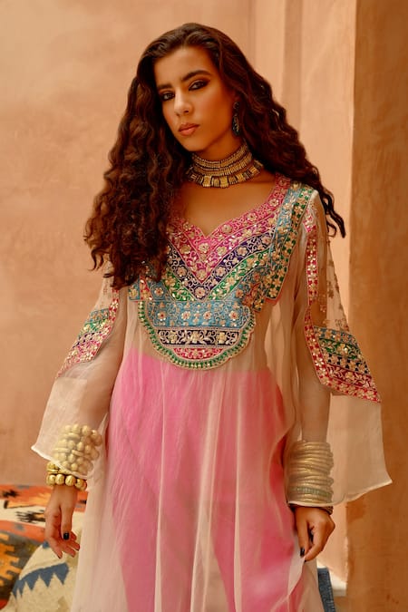 Buy Pallavi Jaipur Pink Silk, Organza Embroidery Round Neck Floral Dori Afghani Kurta Pant Set Online at Aza Fashions Buy_Pallavi Jaipur_Pink Silk, Organza Embroidery Round Neck Floral Dori Afghani Kurta Pant Set _Online_at_Aza_Fashions