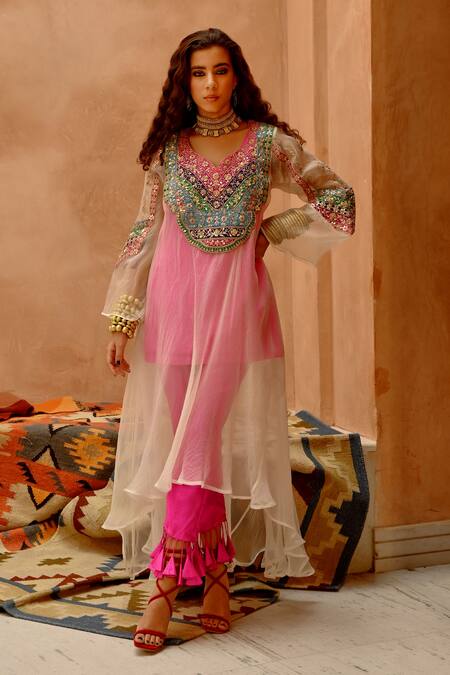 Shop Pallavi Jaipur Pink Silk, Organza Embroidery Round Neck Floral Dori Afghani Kurta Pant Set Online at Aza Fashions Shop_Pallavi Jaipur_Pink Silk, Organza Embroidery Round Neck Floral Dori Afghani Kurta Pant Set _Online_at_Aza_Fashions