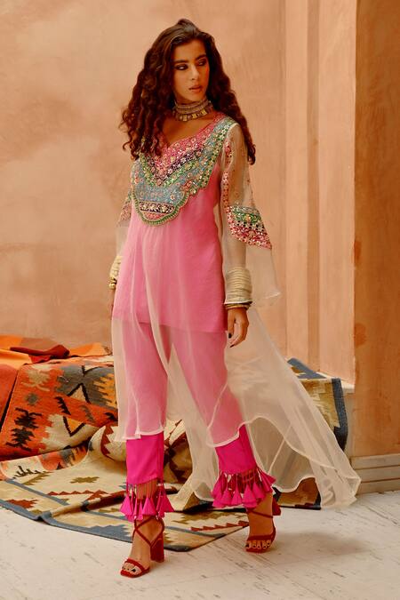 Pallavi Jaipur Pink Silk, Organza Embroidery Round Neck Floral Dori Afghani Kurta Pant Set at Aza Fashions Pallavi Jaipur_Pink Silk, Organza Embroidery Round Neck Floral Dori Afghani Kurta Pant Set _at_Aza_Fashions