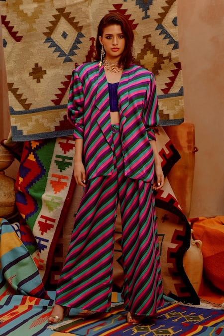 Pallavi Jaipur_Multi Color , Satin Collared Leheriya Jacket Pant Set _Online_at_Aza_Fashions