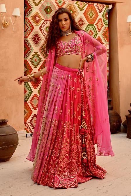 Shop_Pallavi Jaipur_Pink , Satin, Georgette, Organza Diamonds, 24 Kali Bridal Lehenga Set _Online_at_Aza_Fashions