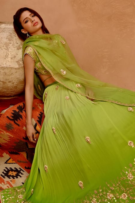 Shop Pallavi Jaipur Green Silk, Crepe, Organza Embroidery V-neck Floral Dabka Work Lehenga Set at Aza Fashions Shop_Pallavi Jaipur_Green Silk, Crepe, Organza Embroidery V-neck Floral Dabka Work Lehenga Set _at_Aza_Fashions