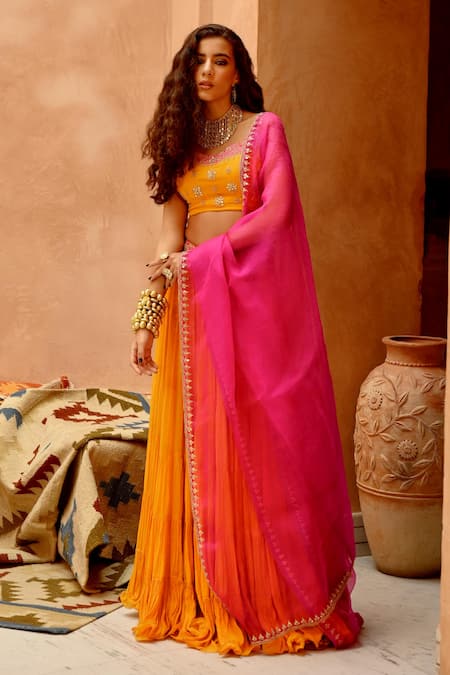 Pallavi Jaipur Yellow Crepe, Organza Sequins, Embroidery Scoop Neck Tiered Lehenga Set Online at Aza Fashions Pallavi Jaipur_Yellow Crepe, Organza Sequins, Embroidery Scoop Neck Tiered Lehenga Set _Online_at_Aza_Fashions