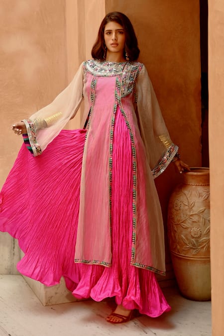 Pallavi Jaipur Pink Silk, Organza Gota Patti, Sheer Afghani Kurta With Crushed Anarkali Online at Aza Fashions Pallavi Jaipur_Pink Silk, Organza Gota Patti, Sheer Afghani Kurta With Crushed Anarkali _Online_at_Aza_Fashions