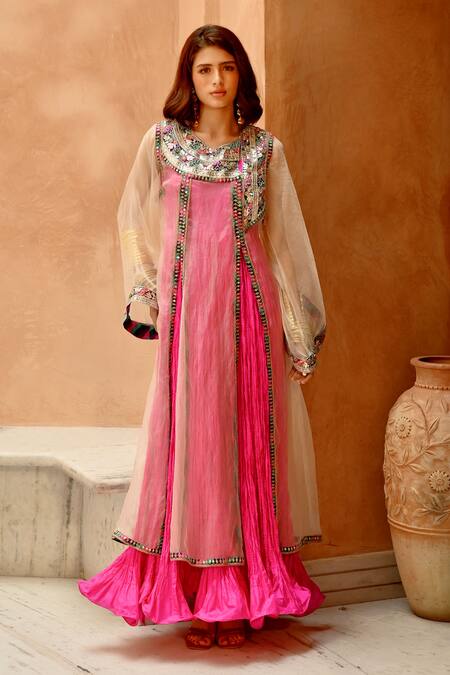 Buy Pallavi Jaipur Pink Silk, Organza Gota Patti, Sheer Afghani Kurta With Crushed Anarkali Online at Aza Fashions Buy_Pallavi Jaipur_Pink Silk, Organza Gota Patti, Sheer Afghani Kurta With Crushed Anarkali _Online_at_Aza_Fashions