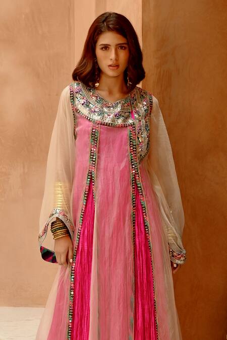 Pallavi Jaipur Pink Silk, Organza Gota Patti, Sheer Afghani Kurta With Crushed Anarkali at Aza Fashions Pallavi Jaipur_Pink Silk, Organza Gota Patti, Sheer Afghani Kurta With Crushed Anarkali _at_Aza_Fashions